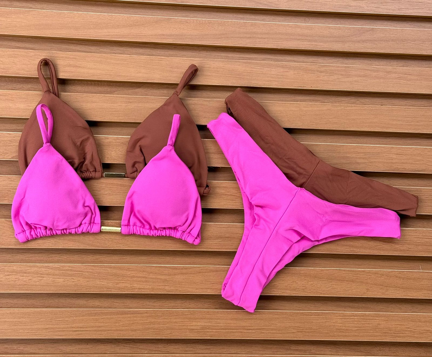 KIT 2 Biquíni Cortininha Calcinha Asa Delta Rosa Pink Claro/Chocolate