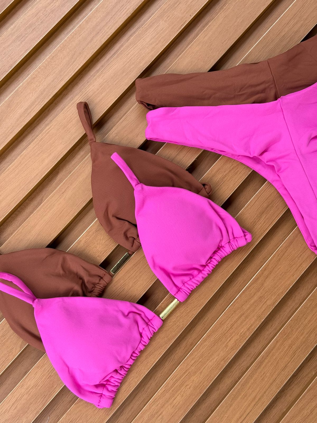 KIT 2 Biquíni Cortininha Calcinha Asa Delta Rosa Pink Claro/Chocolate