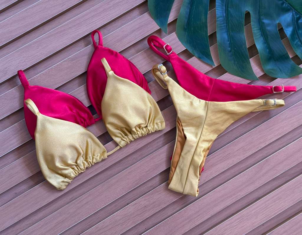 KIT 2 Biquini Cortininha Regulador Vermelho/Dourado