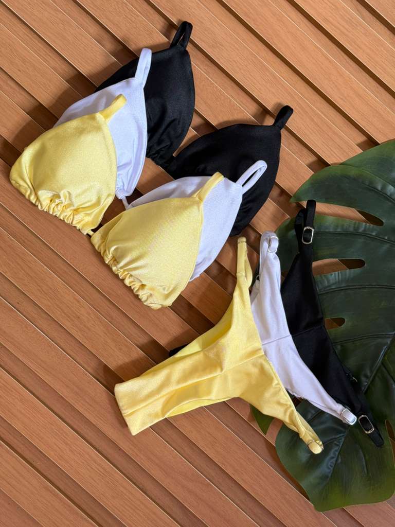 KIT 3 Biquini Cortininha Regulador Preto/Branco/Amarelo Manteiga