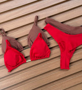 KIT 2 Biquíni Cortininha Calcinha Asa Delta Chocolate/Vermelho