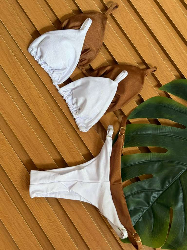 KIT 2 Biquini Cortininha Regulador Branco/Chocolate