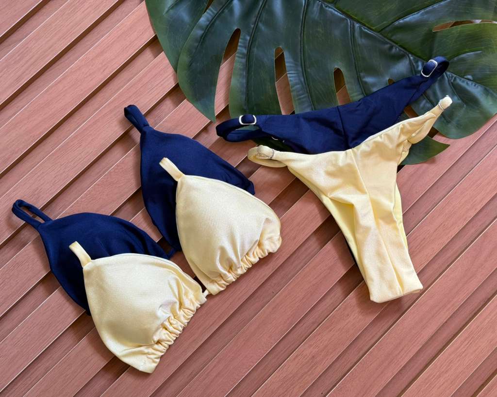KIT 2 Biquini Cortininha Regulador Azul Marinho/Amarelo Manteiga