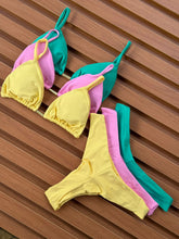 KIT 3 Biquíni Cortininha Calcinha Asa Delta Verde Jade/Rosa Chiclete/Amarelo Manteiga
