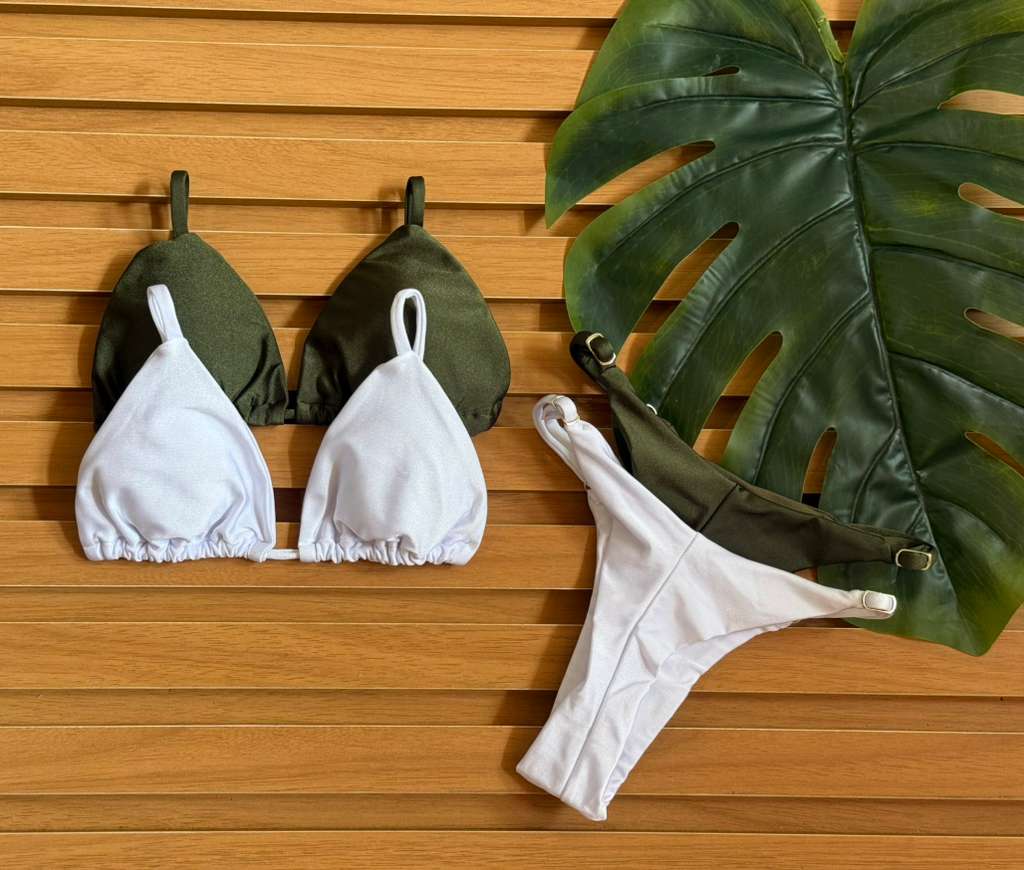 KIT 2 Biquini Cortininha Regulador Verde Militar/Branco