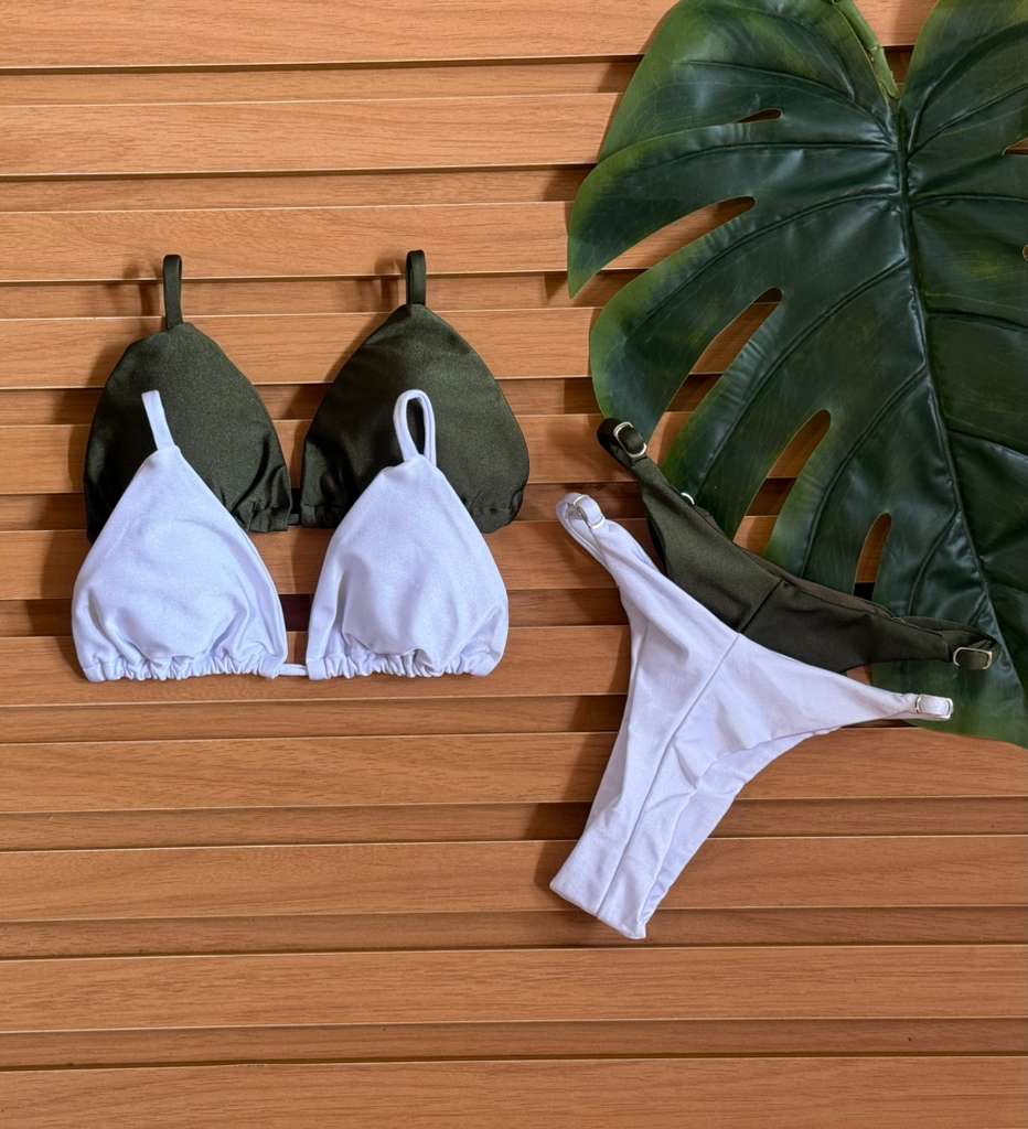 KIT 2 Biquini Cortininha Regulador Verde Militar/Branco