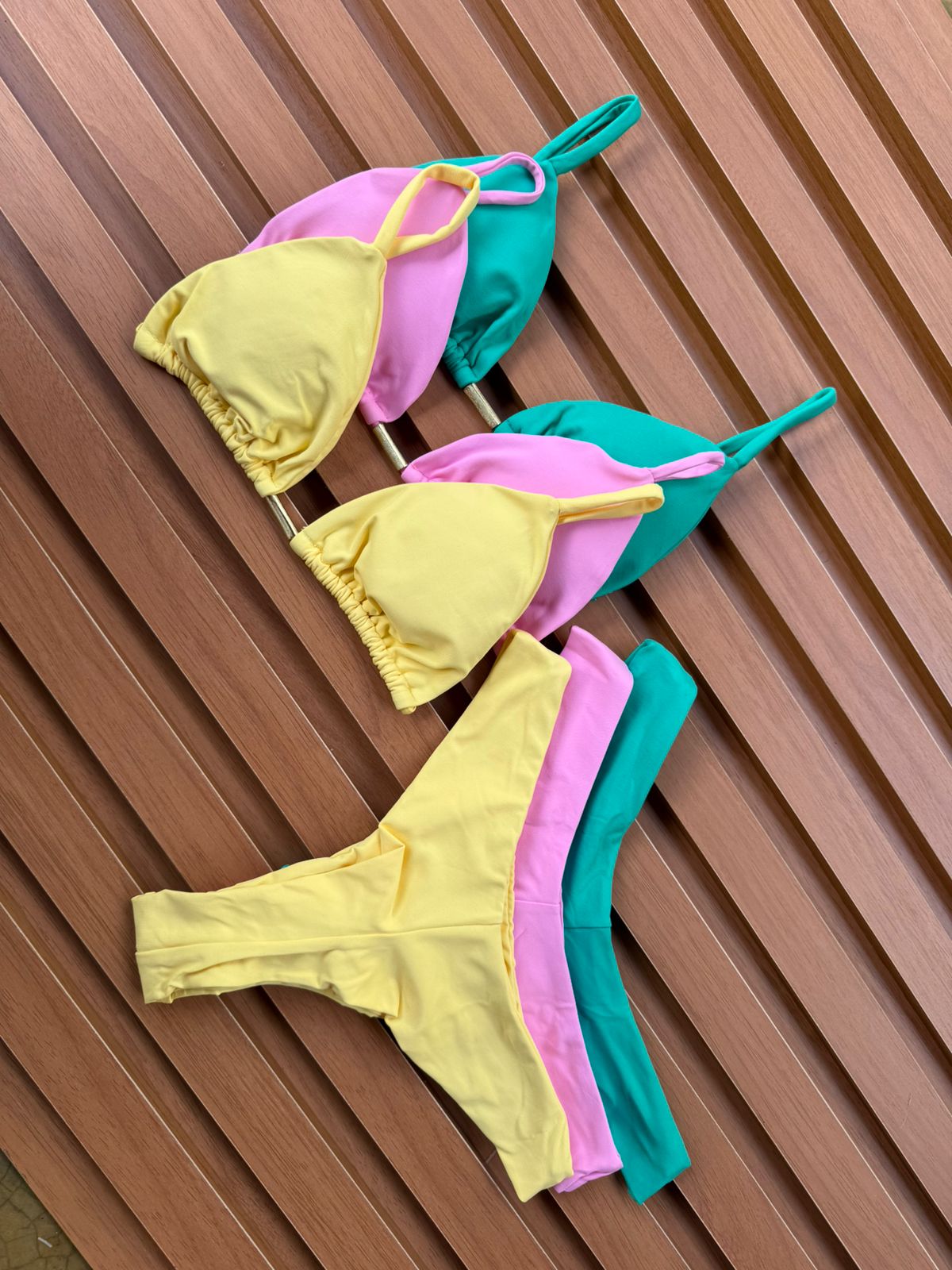 KIT 3 Biquíni Cortininha Calcinha Asa Delta Verde Jade/Rosa Chiclete/Amarelo Manteiga