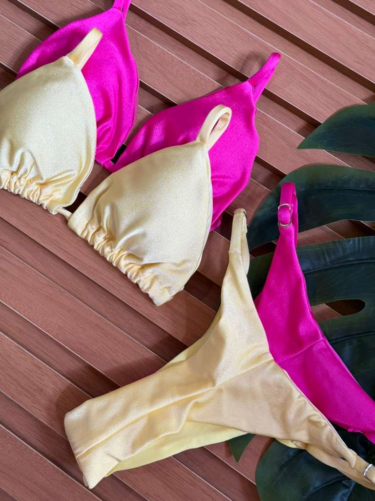 KIT 2 Biquini Cortininha Regulador Amarelo Manteiga/Rosa Pink Claro