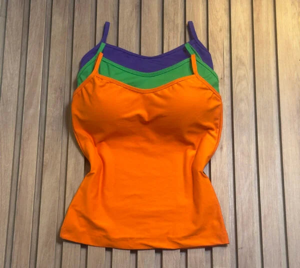 Kit 3 Regatas com Bojo Laranja/Verde Bandeira/Roxo Escuro