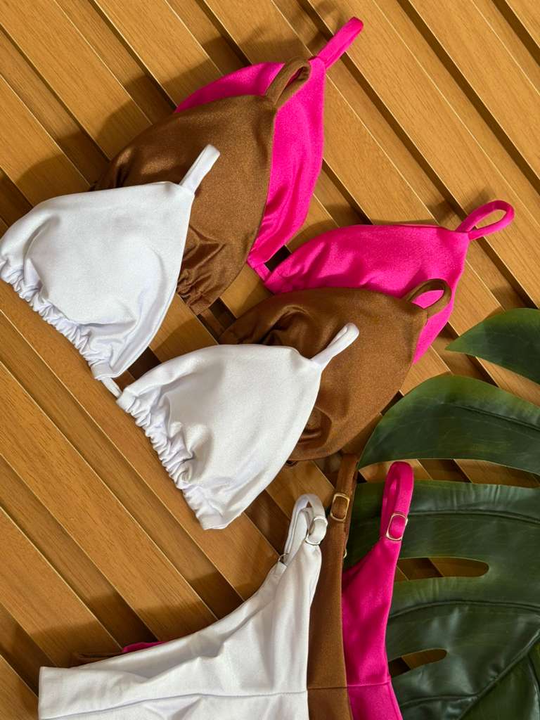 KIT 3 Biquini Cortininha Regulador Rosa Pink Claro/Chocolate/Branco