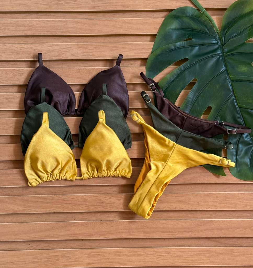 KIT 3 Biquini Cortininha Regulador Marrom/Militar/Dourado