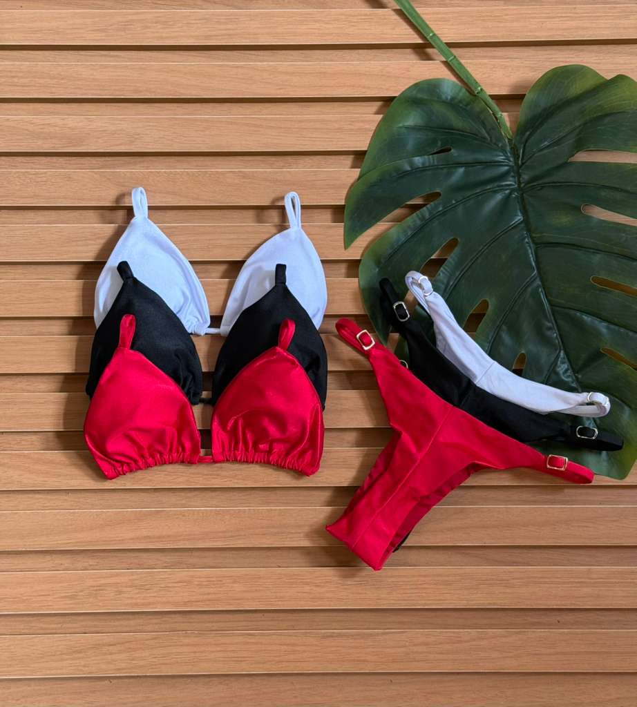 KIT 3 Biquini Cortininha Regulador Branco/Preto/Vermelho