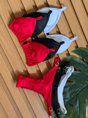 KIT 3 Biquini Cortininha Regulador Branco/Preto/Vermelho