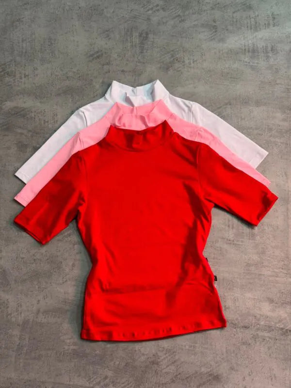 KIT 3 Blusas Baby Look Gola Alta Manga Vermelho/Chiclete/Branco