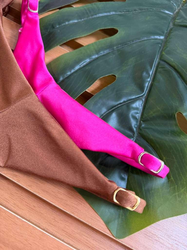 KIT 2 Biquini Cortininha Regulador Rosa Pink Claro/Chocolate