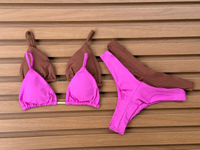 KIT 2 Biquíni Cortininha Calcinha Asa Delta Rosa Pink Claro/Chocolate