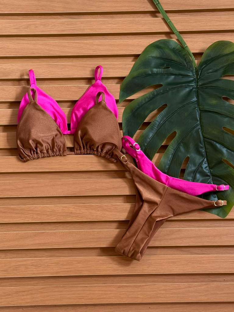 KIT 2 Biquini Cortininha Regulador Rosa Pink Claro/Chocolate