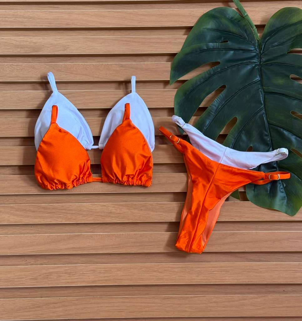 KIT 2 Biquini Cortininha Regulador Branco/Laranja