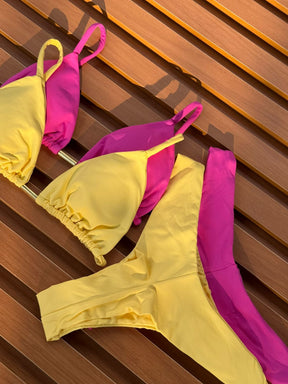 KIT 2 Biquíni Cortininha Calcinha Asa Delta Rosa Pink Claro/Amarelo Manteiga