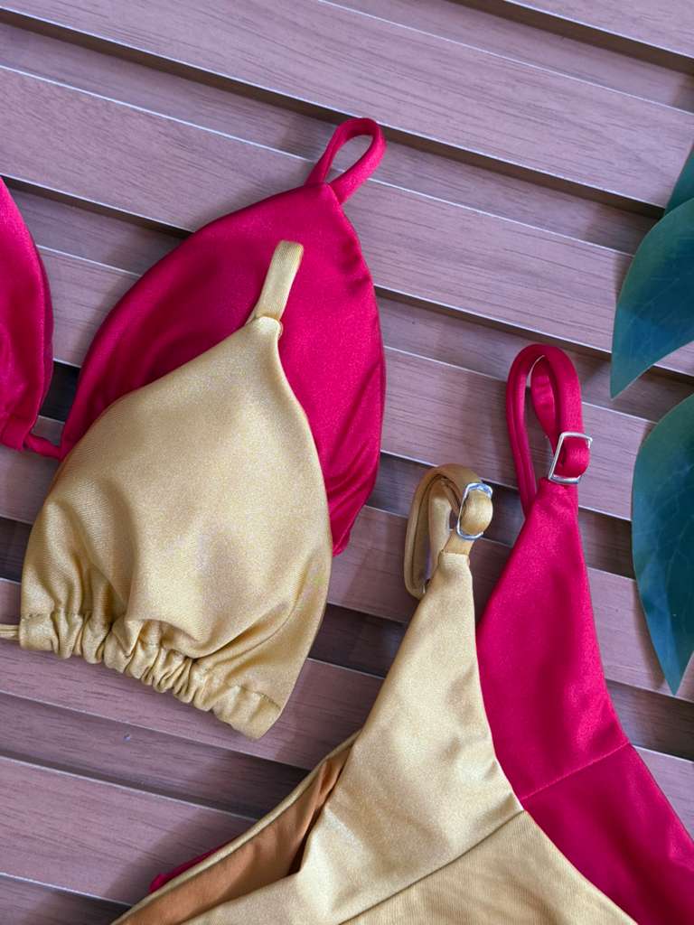 KIT 2 Biquini Cortininha Regulador Vermelho/Dourado
