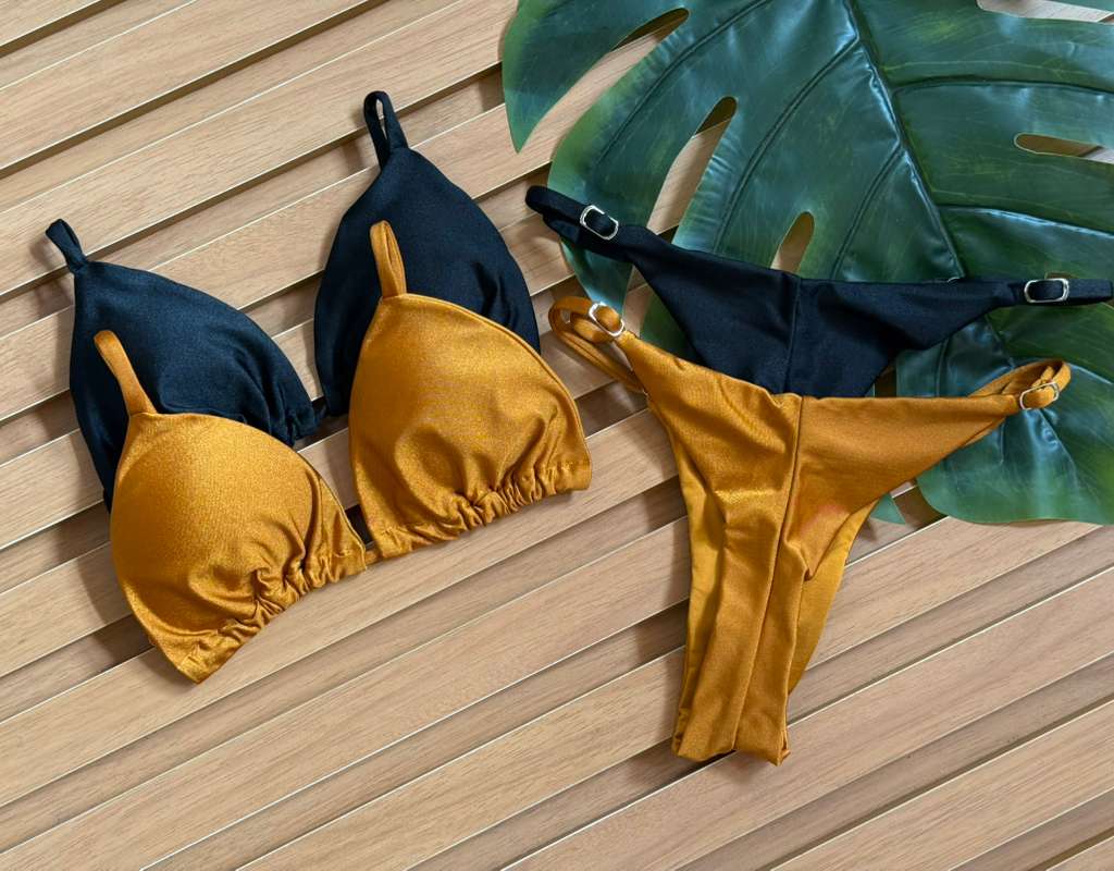 KIT 2 Biquini Cortininha Regulador Preto/Ocre