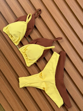 KIT 2 Biquíni Cortininha Calcinha Asa Delta Chocolate/Amarelo Manteiga