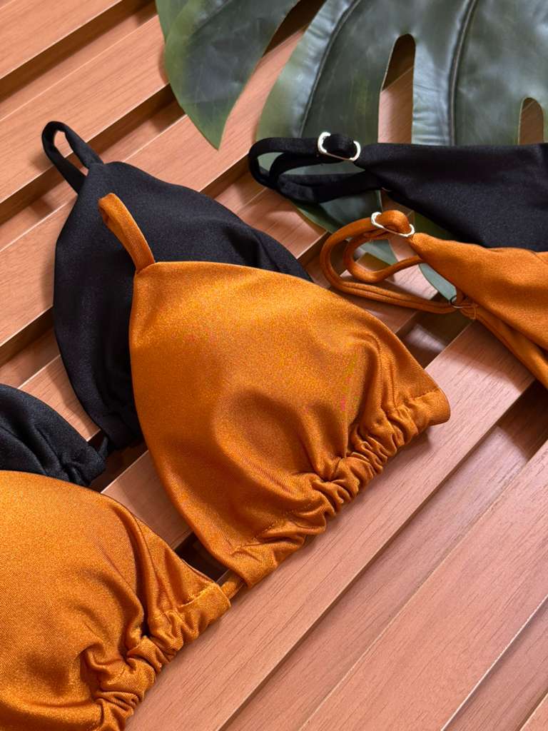 KIT 2 Biquini Cortininha Regulador Preto/Ocre
