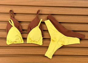 KIT 2 Biquíni Cortininha Calcinha Asa Delta Chocolate/Amarelo Manteiga
