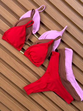 KIT 3 Biquíni Cortininha Calcinha Asa Delta Rosa Chiclete/Chocolate/Vermelho