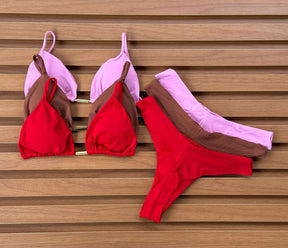 KIT 3 Biquíni Cortininha Calcinha Asa Delta Rosa Chiclete/Chocolate/Vermelho