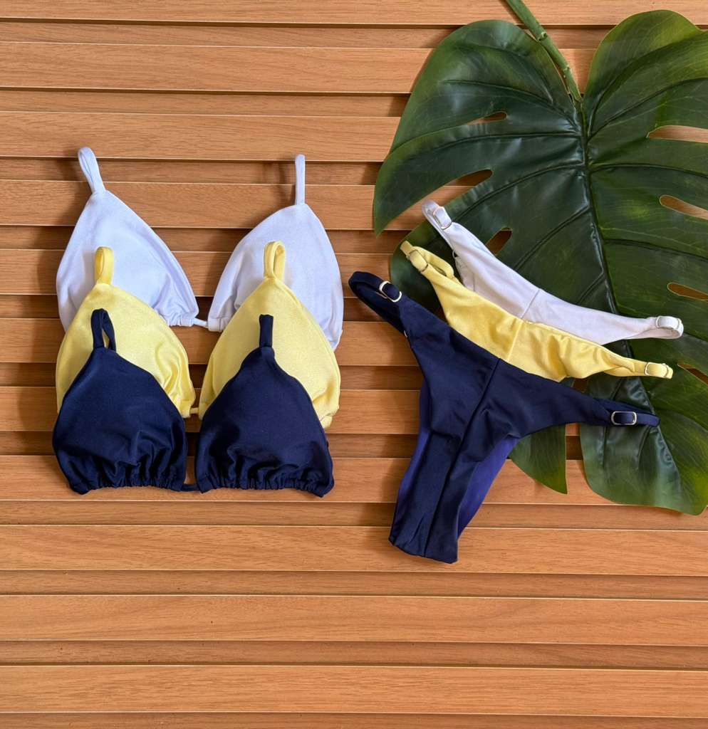 KIT 3 Biquini Cortininha Regulador Branco/Amarelo Manteiga/Azul Marinho