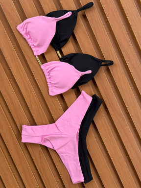 KIT 2 Biquíni Cortininha Calcinha Asa Delta Preto/Rosa Chiclete