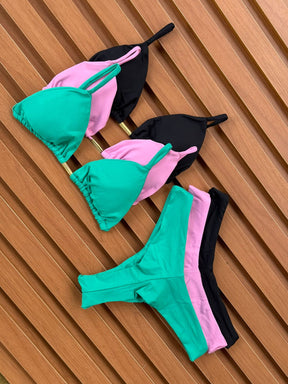 KIT 3 Biquíni Cortininha Calcinha Asa Delta Verde Jade/Rosa Chiclete/Preto