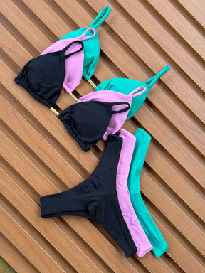 KIT 3 Biquíni Cortininha Calcinha Asa Delta Verde Jade/Rosa Chiclete/Preto