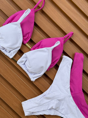KIT 2 Biquíni Cortininha Calcinha Asa Delta Branco/Rosa Pink Claro