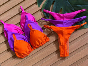 KIT 3 Biquini Cortininha Regulador Rosa Pink Claro/Rosa Fúcisa/Laranja