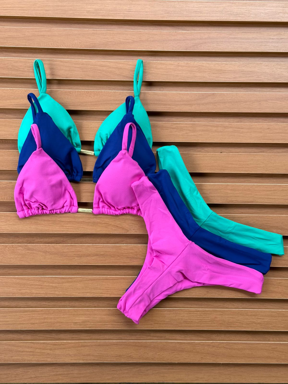 KIT 3 Biquíni Cortininha Calcinha Asa Delta Rosa Pink Claro/Azul Bic/Verde Jade