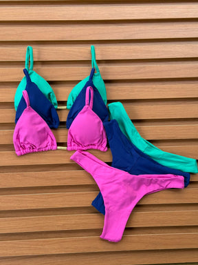 KIT 3 Biquíni Cortininha Calcinha Asa Delta Rosa Pink Claro/Azul Bic/Verde Jade