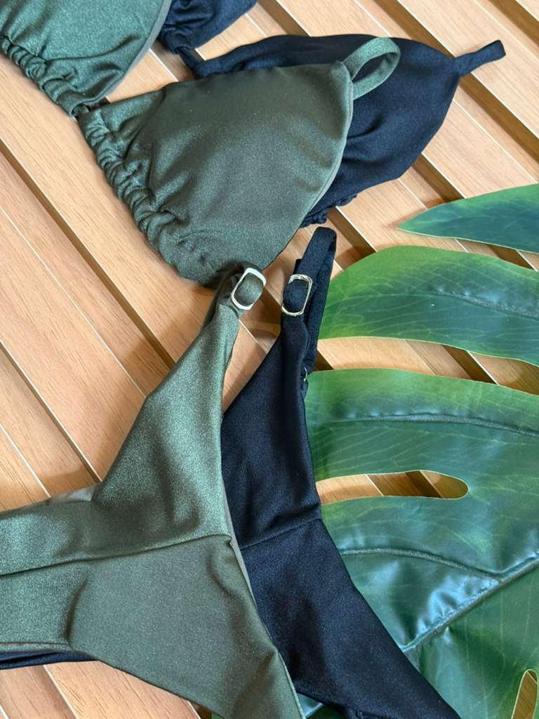 KIT 2 Biquini Cortininha Regulador Preto/Verde Militar