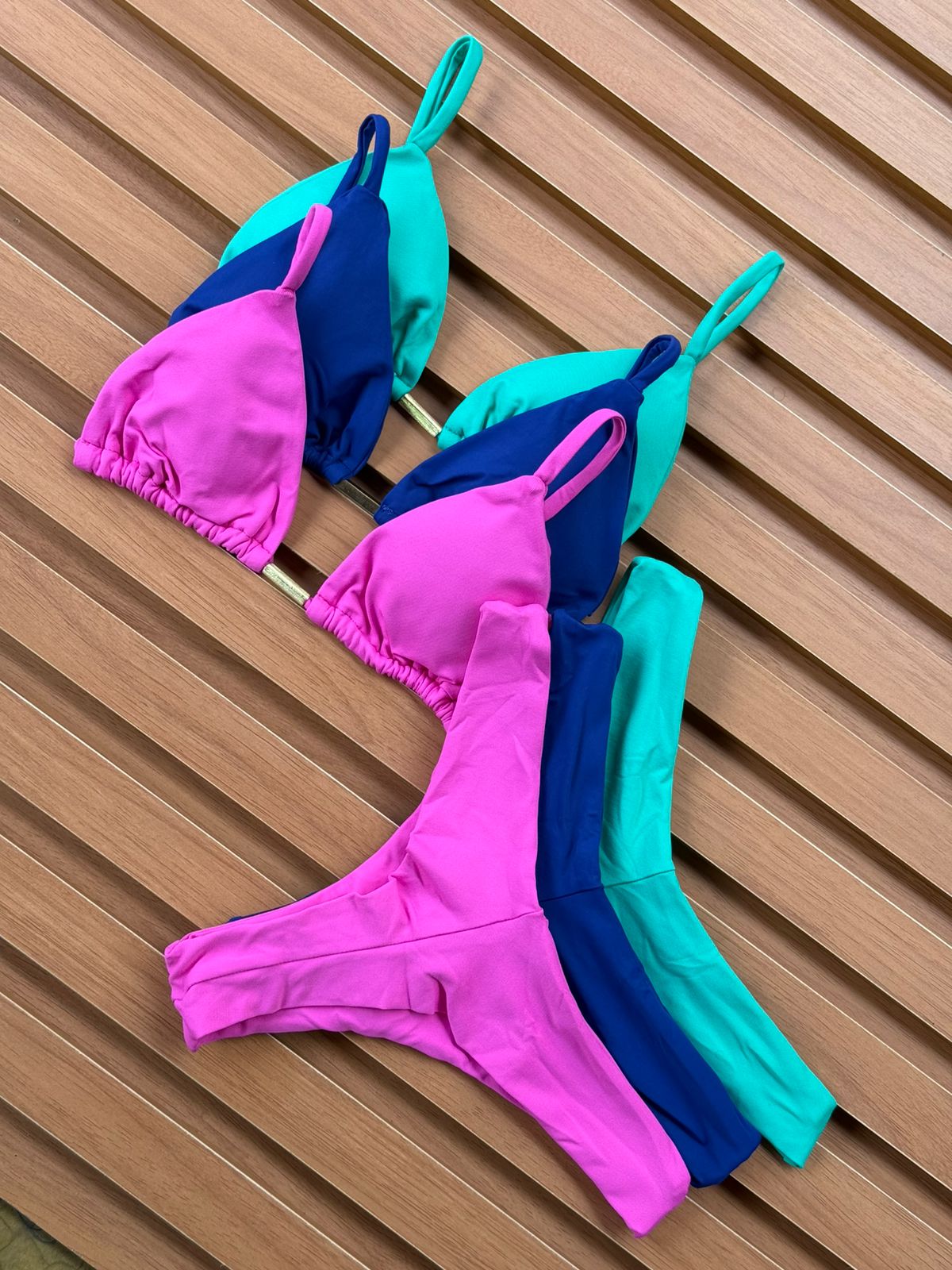 KIT 3 Biquíni Cortininha Calcinha Asa Delta Rosa Pink Claro/Azul Bic/Verde Jade