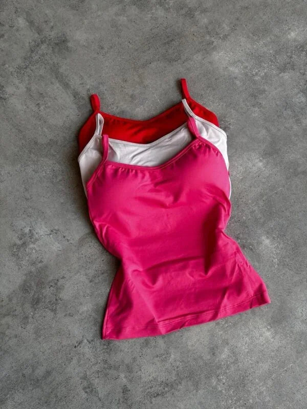 Kit 3 Regatas com Bojo Pink Claro/Off/Vermelho