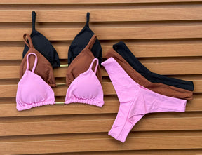 KIT 3 Biquíni Cortininha Calcinha Asa Delta Rosa Chiclete/Chocolate/Preto