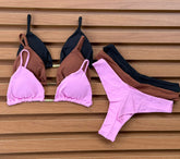 KIT 3 Biquíni Cortininha Calcinha Asa Delta Rosa Chiclete/Chocolate/Preto