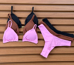 KIT 3 Biquíni Cortininha Calcinha Asa Delta Rosa Chiclete/Chocolate/Preto