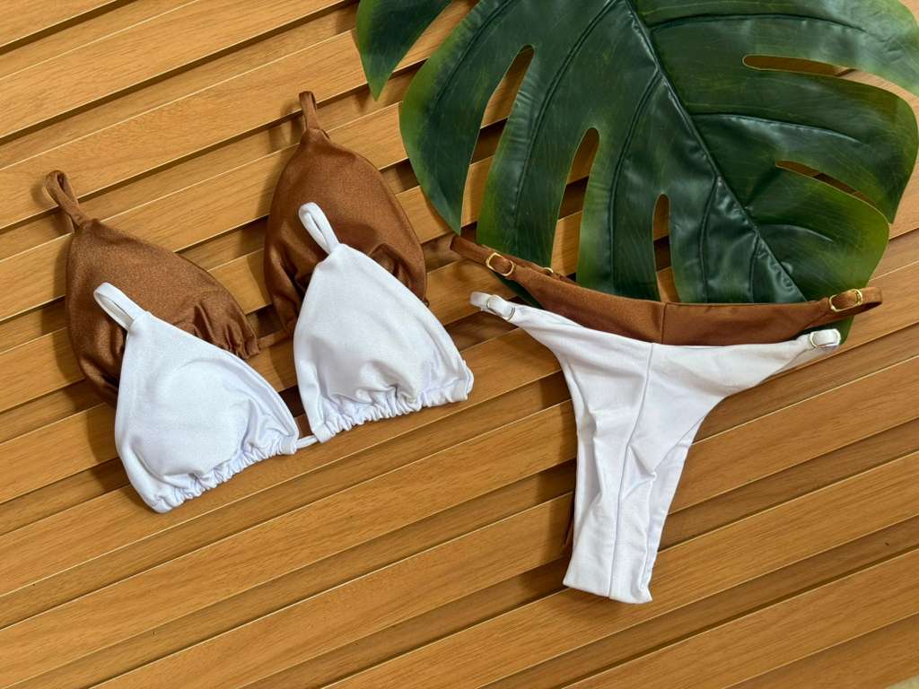 KIT 2 Biquini Cortininha Regulador Branco/Chocolate