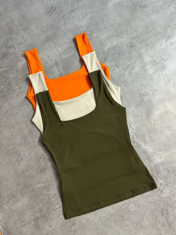 KIT 3 Blusa Regata Helena Verde Militar/Bege/Laranja