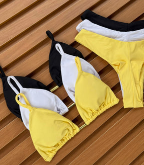 KIT 3 Biquíni Cortininha Calcinha Asa Delta Preto/Branco/Amarelo Manteiga