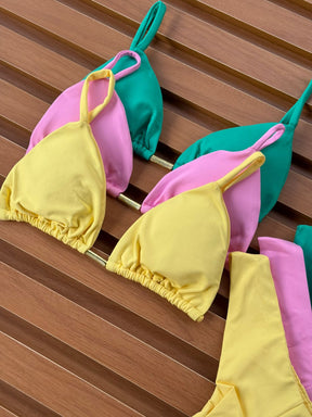 KIT 3 Biquíni Cortininha Calcinha Asa Delta Verde Jade/Rosa Chiclete/Amarelo Manteiga