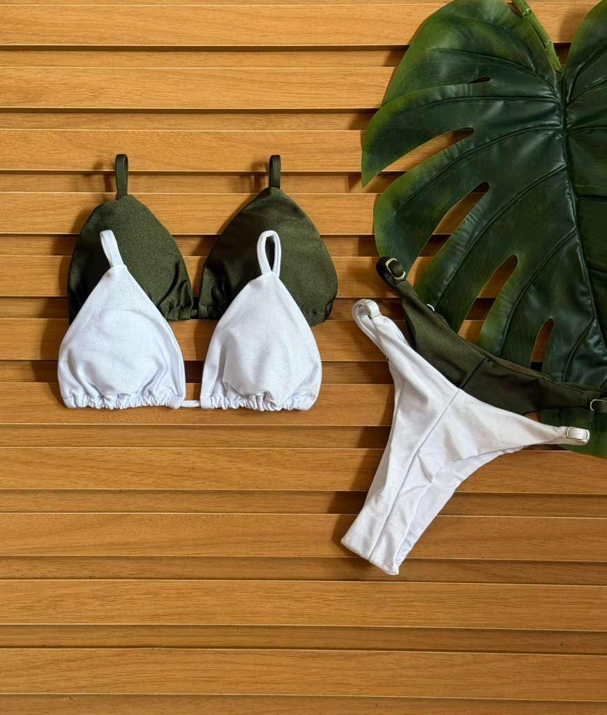KIT 2 Biquini Cortininha Regulador Verde Militar/Branco