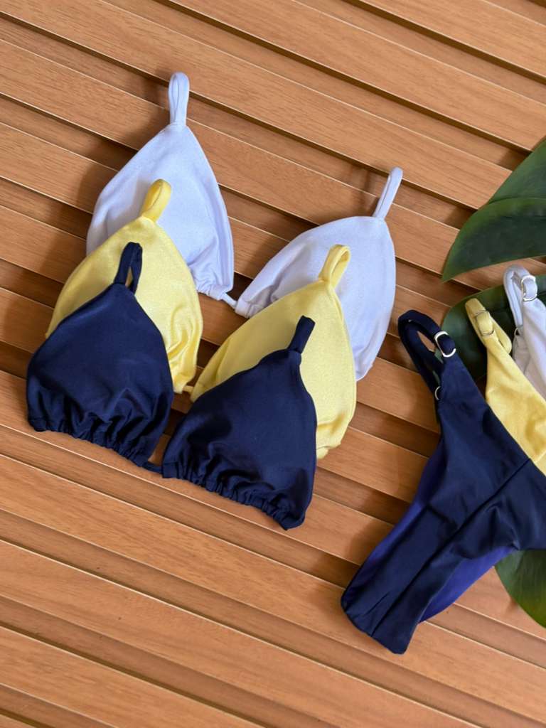 KIT 3 Biquini Cortininha Regulador Branco/Amarelo Manteiga/Azul Marinho